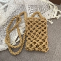 Handmade camel woven cotton rope crossbody phone bag with a bohemian style shoulder strap - Brown