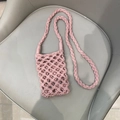 Pink handmade macrame crossbody phone bag with thick woven shoulder strap for summer - Pink