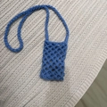 Blue hand-woven cotton rope crossbody phone bag with openwork mesh and thick strap - Blue