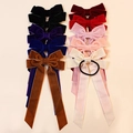 Kids velvet ribbon hair bows set with long tails and elastic ties in assorted colors - Hair Tie