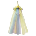 Rainbow unicorn headband with golden horn, yellow floral accents and gradient mesh tassels - Gold