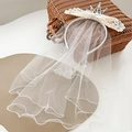 Serre-tête en tulle blanc élégant avec nœud en dentelle, couronne et perles - Couronne de Perles Beige