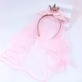 Serre-tête princesse rose avec couronne, dentelle, nœud papillon, voile en tulle et perles - Couronne de Perles Rose Foncé