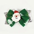 Christmas bow hair clip with green ribbon, silver sequins, and a Santa Claus motif - Santa Claus Text Style (Style 6)
