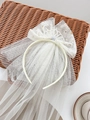 Elegant cream headband with embroidered crown and layered tulle for girls - Beige with Crown