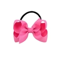 Pink multi-layered ribbed ribbon bow hair tie with high elastic black rubber band - Deep Pink