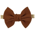 Soft nylon baby headband featuring a brown waffle knit checkered ribbon bow accessory - Brown