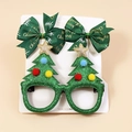 Weihnachts-Party-Set mit Glitzer-Tannenbaum-Brille und festlichen Schleifen-Haarclips - Grüne Weihnachtsbaum Brille und Grüne Schleife Set (Stil 5)