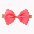 Detail of pink grosgrain ribbon bow on elastic nylon headband for babies and infants - Watermelon red