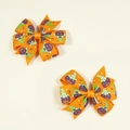 Set of two orange Halloween hair bows with purple pumpkin and wizard hat prints - Purple Pumpkin Star Pattern (FJ056) / Orange (Style 4)