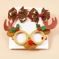 Weihnachts-Set mit goldener Rentier-Brille und roten Rentier-Haarspangen im Karo-Muster - Goldene Rentier Brille und Rot Grüne Karierte Schleife Set (Stil 7)