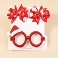 Weihnachts-Set mit roten Schleifen-Haarspangen und glitzernder Weihnachtsmann-Brille - Rote Weihnachtsmütze Brille und Rote Bedruckte Schleife Set (Stil 8)
