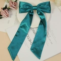 Peacock green satin bow hair clip with long ribbons on a white decorative tray - Peacock Green (1#)
