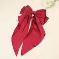 Oversized burgundy satin bow hair clip with long ribbons in elegant French retro style - Burgundy