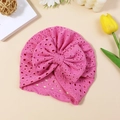 Bright pink breathable baby turban hat with a large bow and bohemian eyelet pattern - Rose Red