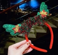 Serre-tête de Noël en peluche rouge avec ailes vertes et étoiles Merry Christmas dorées - Serre-Tête Décoratif à Paillettes Vertes (#23)