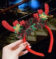 Serre-tête de Noël rouge mignon avec bois de renne et détails d'étoile de Noël - Serre-Tête Bois de Renne Rouge à Paillettes et Guirlande (#24)