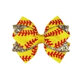 Detail of yellow softball grosgrain ribbon bow with red stitching and gold glitter accents - Yellow Baseball Style