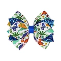 Handmade grosgrain ribbon bow hair clip with colorful dinosaur patterns and blue sequins - White Cartoon Dinosaur Style