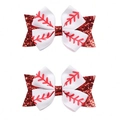 Handmade baseball hair bows with red glitter base and striped athletic ribbon patterns - Baseball Style