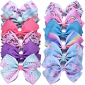 12-piece colorful grosgrain ribbon hair bows set for girls with cute unicorn and rainbow prints - Unicorn Mermaid Mix Style (款式一)