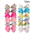 12pcs set of handmade ribbon hair bows with mermaid, unicorn, and crown prints for girls - Heart Mermaid Polka Dot Style (款式三)
