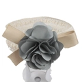 Off-white lace baby headband with grey layered fabric flower and golden satin bow detail - Style 6