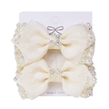 Set of two cream mesh bow hair clips with shimmering AB rhinestones for children - Milky White