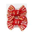 Set of two red mesh bow hair clips for girls featuring sparkling rhinestones and pearls - Red