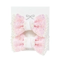 Set of two pink sequined bow hair clips with white pearls for girls on display card - Pink