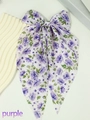 French vintage hair bow clip with purple floral patterns and elegant long streamers - Purple