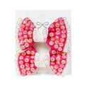 Set of pink bow hair clips with rhinestones and white pearls on a white card - Red