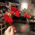 Serre-tête de Noël avec nœud en velours rouge et bois de renne dorés à paillettes pour fête - Serre-Tête Gros Nœud en Velours Rouge (#51)