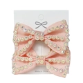 Pink grosgrain ribbon bow hair clips with sparkling AB rhinestones on display card - One Pair / Snow Bud