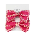 Set of two rose red grosgrain ribbon bow hair clips with colorful rhinestones on a card - One Pair / Rose Red