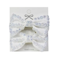 Set of two white handmade hair clips with rhinestones on a white ribbon bow display card - One Pair / White