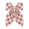 Pink and cream checkerboard hair bow clip with long ribbons and ribbed fabric texture - Pink