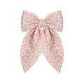 Pink bow hair clip with white floral fabric pattern and long elegant ribbon tails - Pink Flower Style