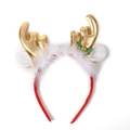 Serre-tête de Noël avec bois dorés, garniture en peluche blanche et petit grelot doré - Serre-Tête Bois de Renne Réalistes Dorés (#56)