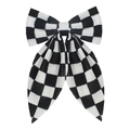 Elegant black and white checkerboard bow hair clip with vintage corduroy texture - Black