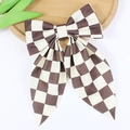 Elegant oversized brown checkered plaid bow hair clip with long ribbon streamers - Brown