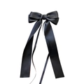 Elegant black satin bow hair clip with long ribbon tails for women's daily hair styling - Black
