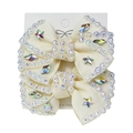 Cream handmade bow hair clip with colorful star crystals and rhinestones on white card - Off-white