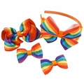 Ensemble détaillé de nœuds à cheveux arc-en-ciel en gros-grain et bandeau assorti pour filles - Vague Arc-en-ciel