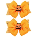 Pair of sequined orange pumpkin Halloween bow hair clips for kids on white background - Sequin Pumpkin Bow Style (款式二)