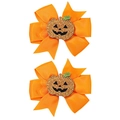 Pair of orange grosgrain bow clips with glittery pumpkin face for Halloween decor - Glitter Pumpkin Bow Style (款式三)