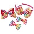Handmade chevron ribbed ribbon hair bow set with a headband and three clips for kids - Classic Rainbow Chevron Pattern