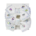 White ribbed fabric bow hair clip with sparkling rhinestones and colorful star gems - White