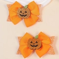 Pair of Halloween orange sequined pumpkin bows hair clips for children's festive styling - Smiling Pumpkin Bow Style (款式一)