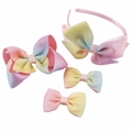 Set serre-tête et barrettes à nœuds arc-en-ciel dégradé pour enfants en gros-grain - Dégradé Arc-en-Ciel Macaron